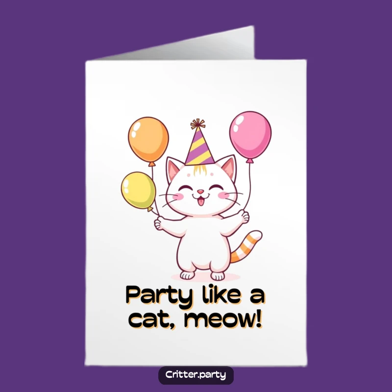 Free Printable Birthday Card: Funny Juggling Cat Hat Balloon Design for Instant Joy