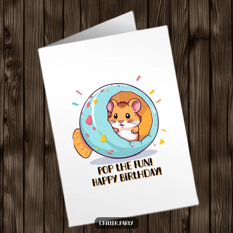 Funny Free Printable Birthday Card: Curious hamster peeks out from inside a giant, colorful, exploding party popper.