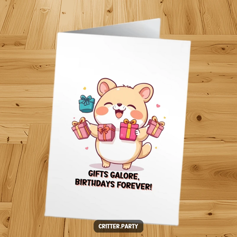 Funny Free Printable Birthday Card: A round animal character giggling while juggling brightly colored gift boxes, a humorous wish.