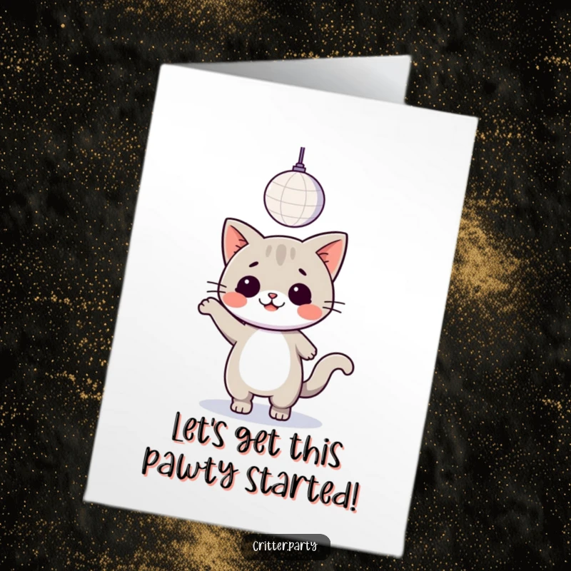Funny Free Printable Birthday Card: A cute kawaii cat joyfully dances under a sparkling disco ball, celebrating a birthday in style.