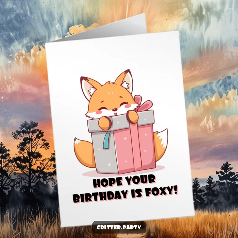 Funny Free Printable Birthday Card: A cute kawaii fox playfully tears into a massive gift box, revealing a birthday surprise with glee.