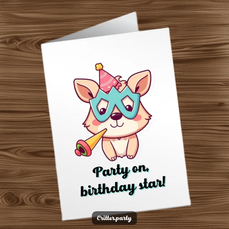 Funny Free Printable Birthday Card: A cheerful animal in a silly mask blows a party horn loudly, celebrating joyfully.