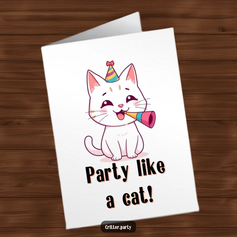 Funny Free Printable Birthday Card: Cheerful cat in party hat blows a tiny horn loudly, celebrating a birthday.