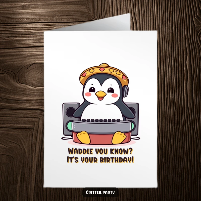 Funny Free Printable Birthday Card: Happy penguin DJ in a sombrero slides across a deejay booth, spinning tunes.