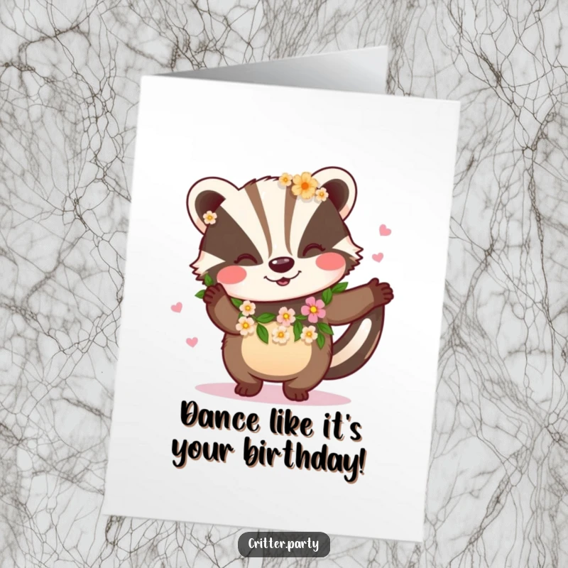 Funny Free Printable Birthday Card: A happy badger wearing a flower garland dances with pure birthday enthusiasm.