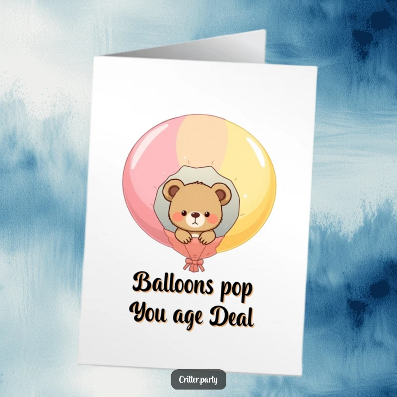 Funny Free Printable Birthday Card: A curious bear cub peeks from a giant popped balloon, ready to deliver birthday wishes.
