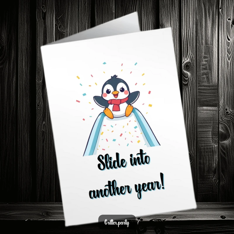 Funny Free Printable Birthday Card: A delighted penguin slides down a confetti-covered slide, radiating pure birthday joy.