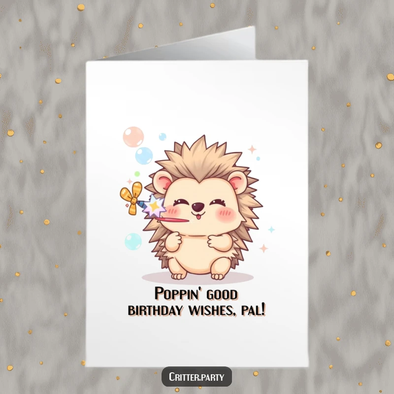 Funny Free Printable Birthday Card: Happy hedgehog joyfully blowing bubbles with a vibrant party popper, celebrating merrily.