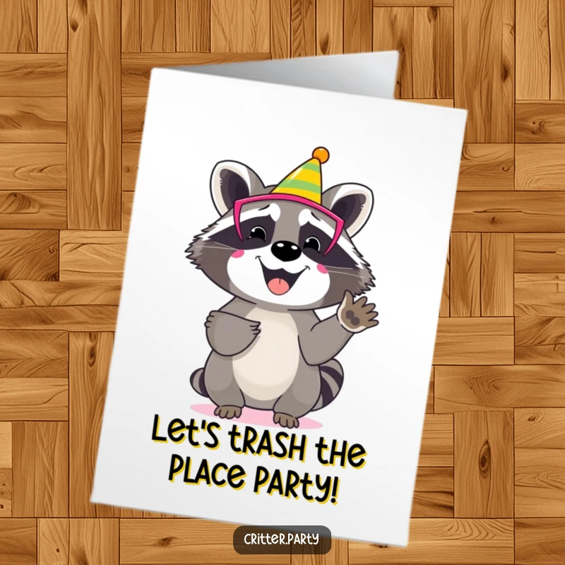 Funny Free Printable Birthday Card: Happy raccoon in party mask, enthusiastically clapping its paws, ready to celebrate.