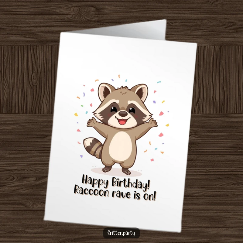 Funny Free Printable Birthday Card: A happy raccoon dances wildly amidst falling confetti, wishing you a birthday full of pure joy.