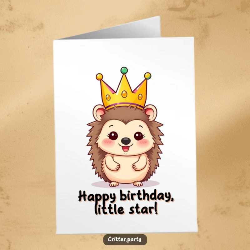 Funny Free Printable Birthday Card: A cheerful hedgehog wearing a festive, oversized party crown smiles brightly, ready to celebrate a birthday.