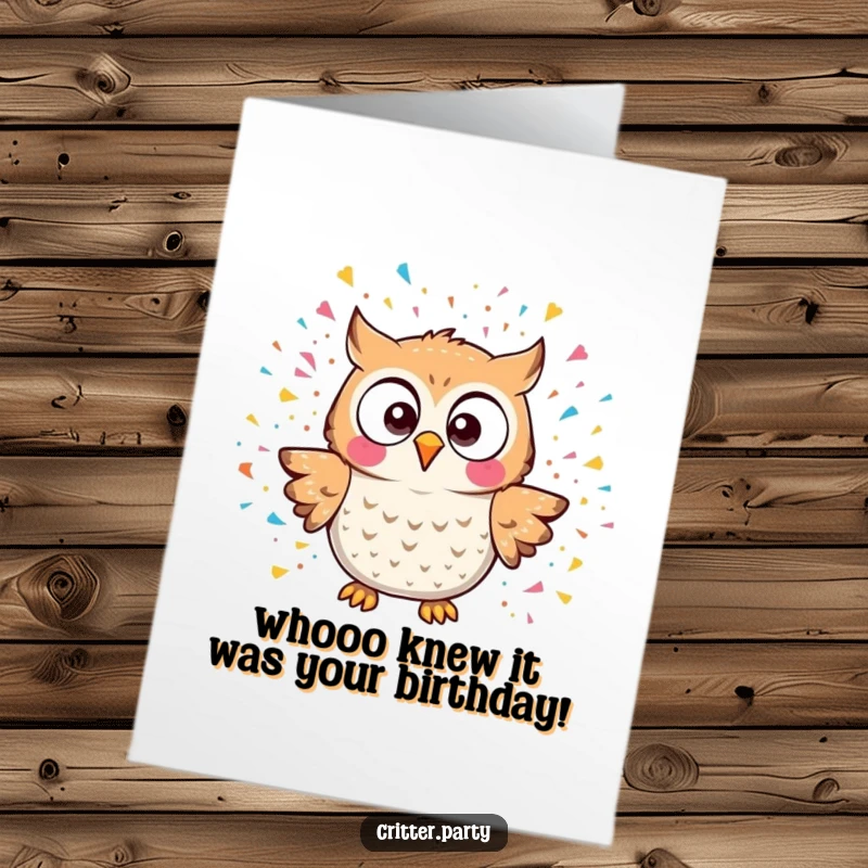 Funny Free Printable Birthday Card: Kawaii owl wide-eyed amidst a massive confetti explosion, perfect for a laugh.