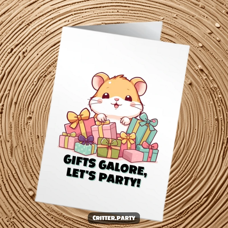 Funny Free Printable Birthday Card: A playful hamster peeks from behind a huge pile of colorful birthday gifts.