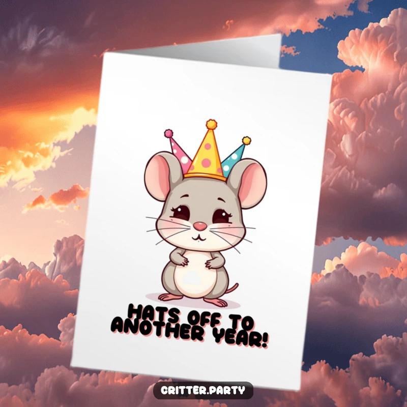 Funny Free Printable Birthday Card: Small mouse intensely balances a stack of tiny party hats on its nose, focused and determined.