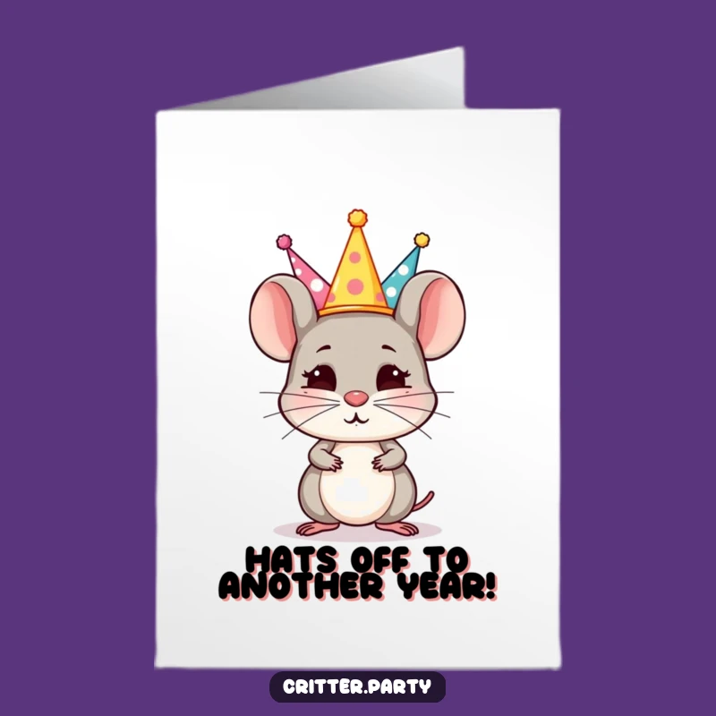 Free Printable Birthday Card: Mouse Hat Balance, Downloadable Gift for a Quirky Celebration