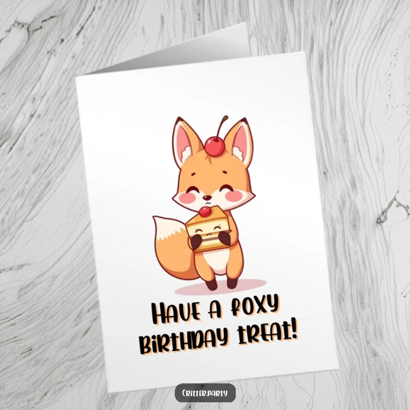 Funny free printable birthday card with a playful fox holding a delicious slice of cake with a bright red cherry on top.