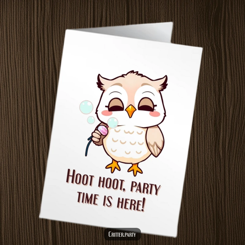 Funny free printable birthday card featuring a smiling owl joyfully blowing colorful bubbles from a small party popper.