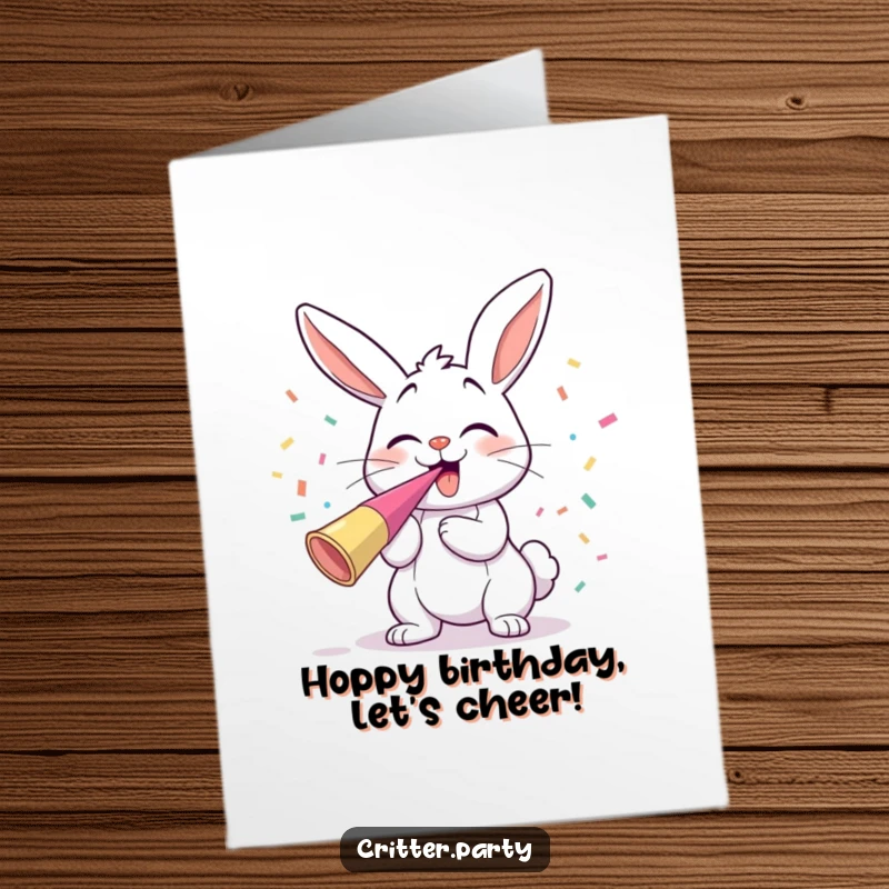 Funny free printable birthday card with a giggling bunny enthusiastically blowing a party horn as colorful confetti flies everywhere.
