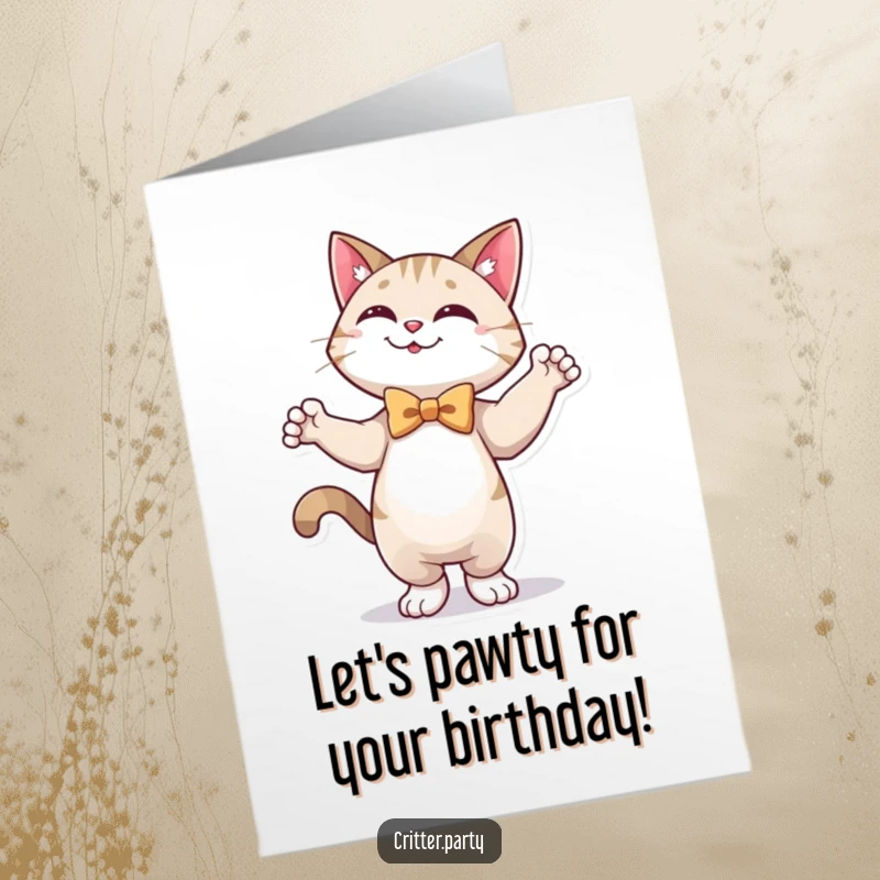 Funny free printable birthday card: a happy cat in a bow tie striking a fabulous dancing pose.