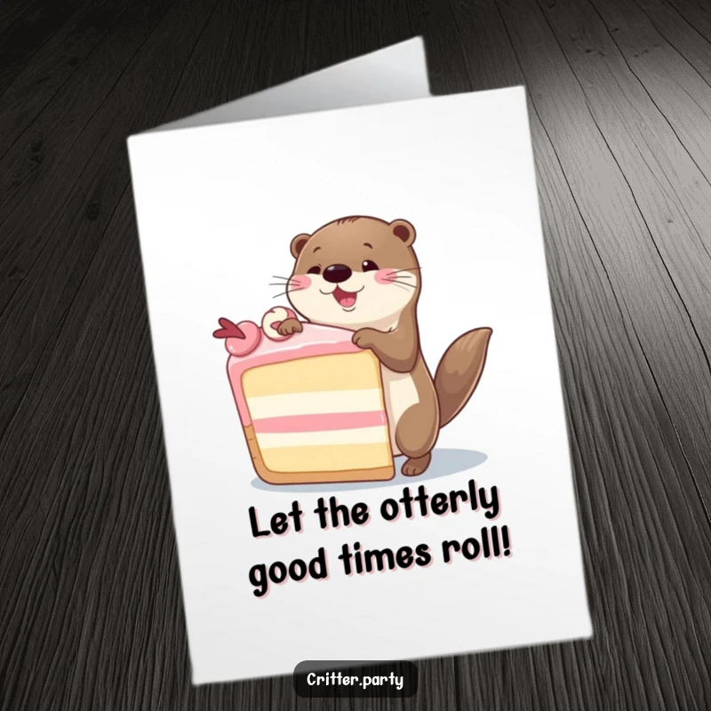 Funny Free Printable Birthday Card: Playful otter doing a silly dance around a giant cake, perfect for a joyful celebration.