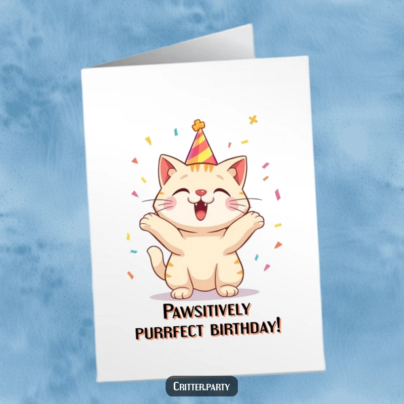 Funny Free Printable Birthday Card: Excited cat in a party hat gleefully tosses confetti, celebrating a birthday bash.