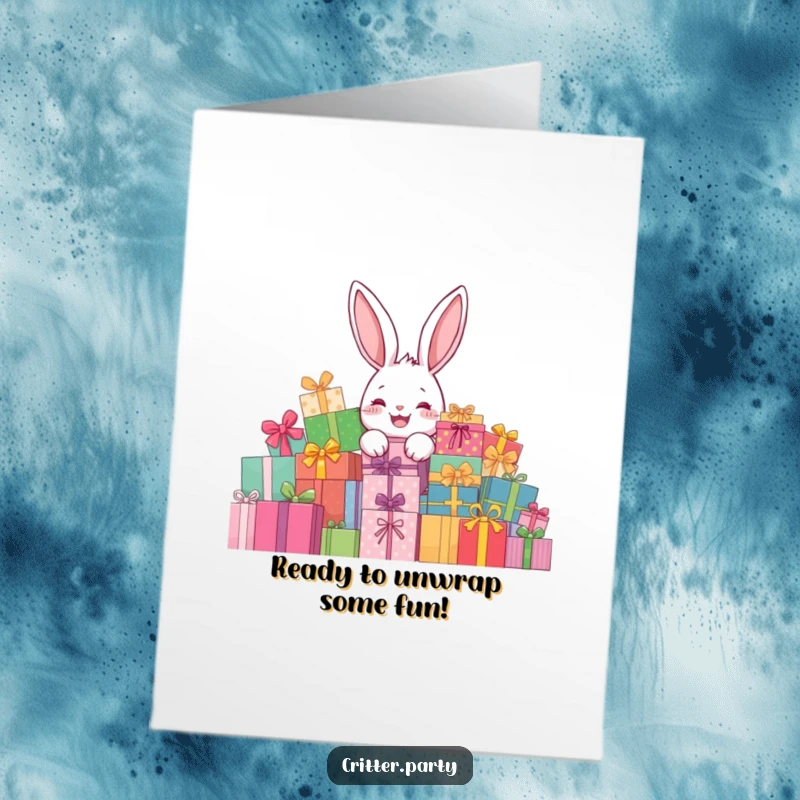 Funny Free Printable Birthday Card: A delighted rabbit peeks from behind a huge pile of colorful birthday presents.