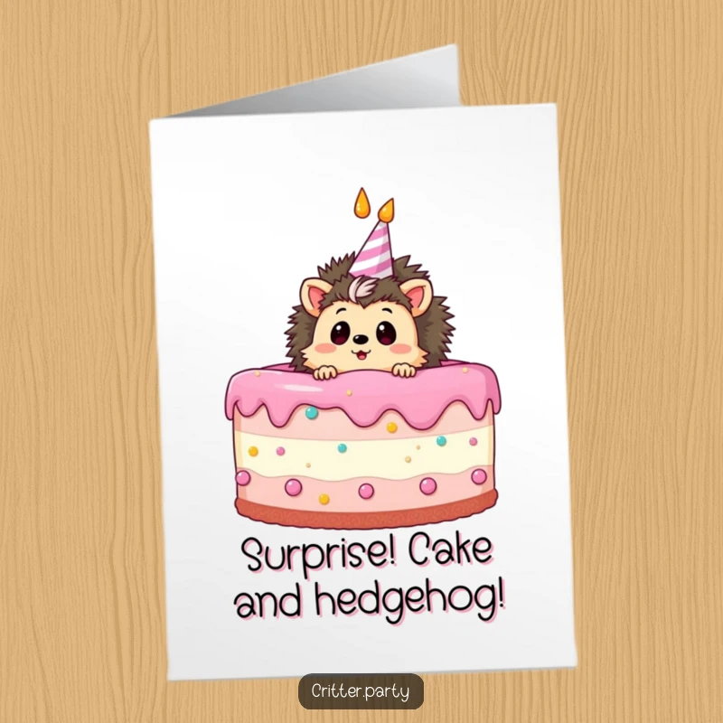 Funny free printable birthday card: a curious hedgehog peeking from a giant cake with a surprised expression.