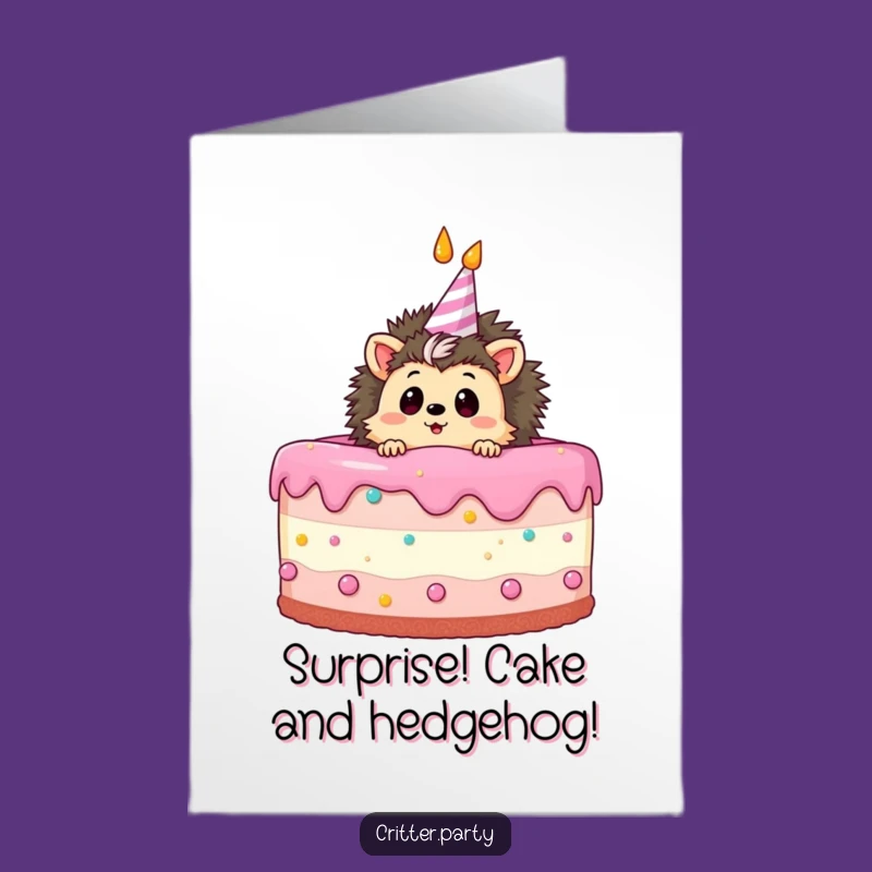 Free Printable Hedgehog Birthday Card: Surprise Cake Peek Downloadable Funny Gift