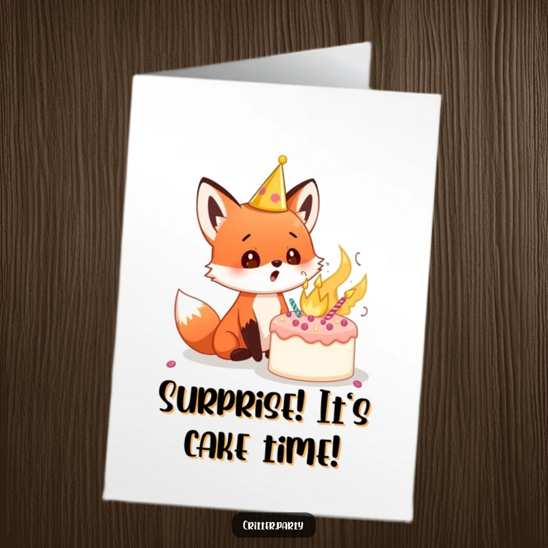 Funny Free Printable Birthday Card: A surprised red fox cub in a tiny crown stares wide-eyed at an exploding birthday cake.