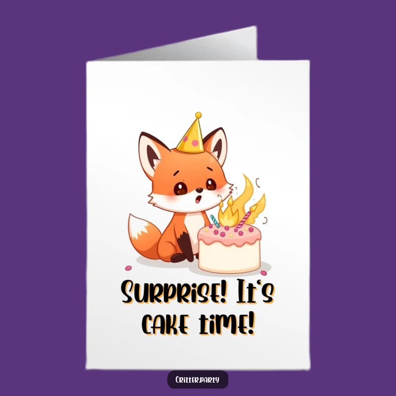Free Printable Birthday Card: Surprised Fox Cake Explosion Downloadable Gift