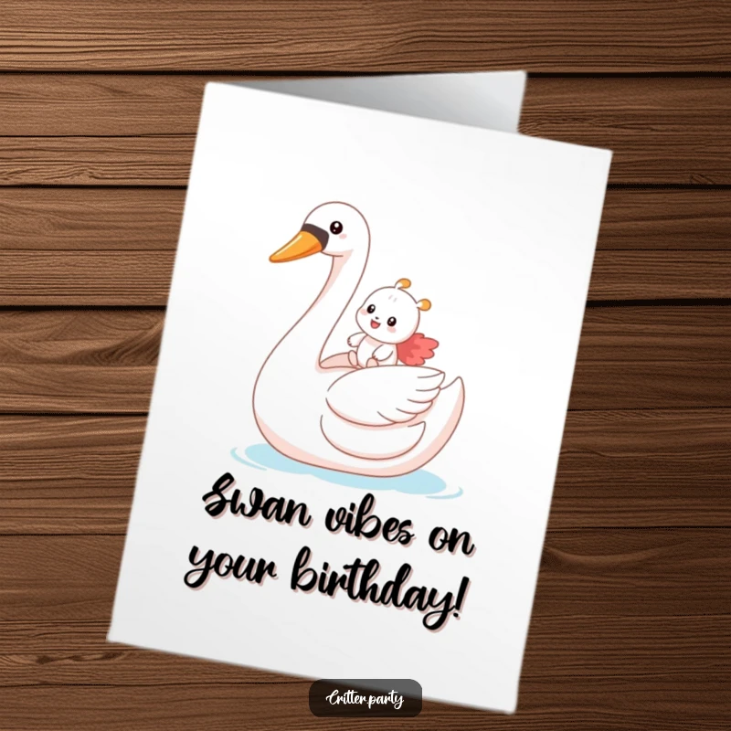 Funny Free Printable Birthday Card: A small critter rides a giant inflatable swan gleefully, celebrating a birthday.