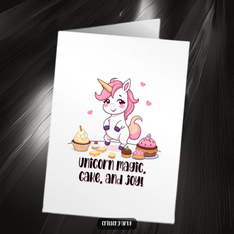 Funny free printable birthday card featuring a giggling unicorn dancing joyfully around a table filled with delicious treats.