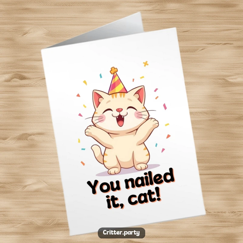 Funny Free Printable Congrats Card: Excited cat wearing a party hat throws confetti, cheering for a big win.