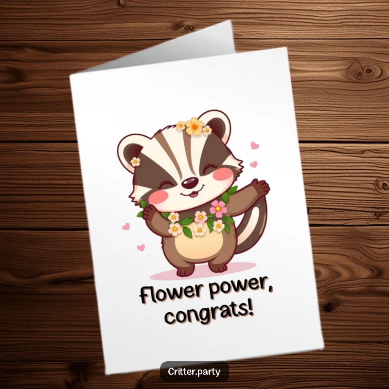 Funny Free Printable Congratulations Card: A happy badger in a flower garland dances joyfully, celebrating good news.