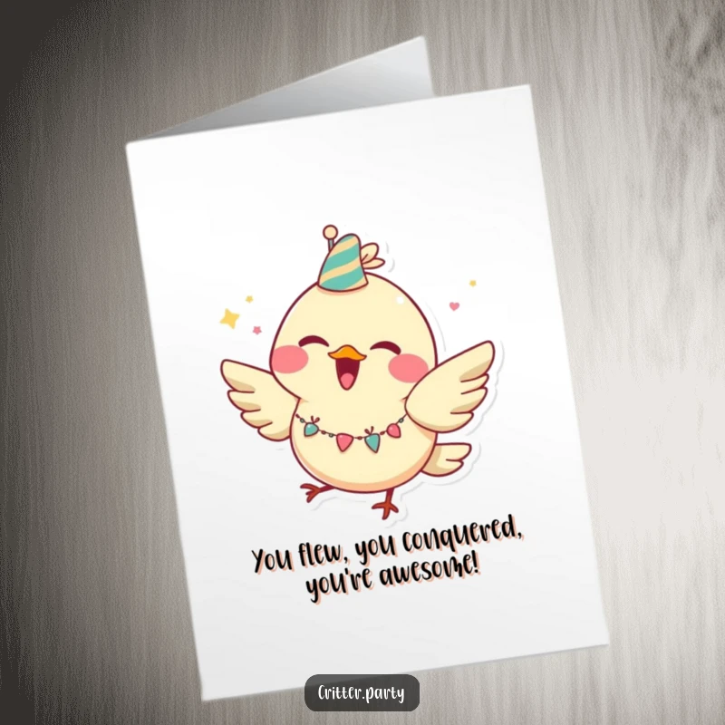 Funny Free Printable Congratulations Card: Joyful bird with a big grin, wearing a party garland, celebrating.