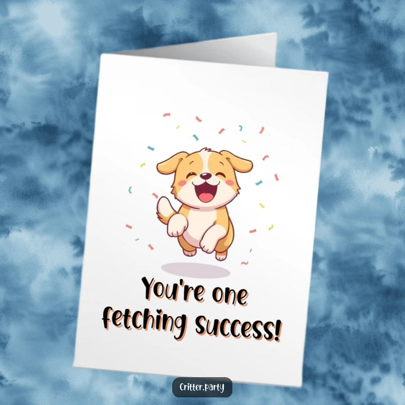 Funny free printable congratulations card of a happy dog enthusiastically chasing a vibrant stream of confetti, tail wagging with glee.