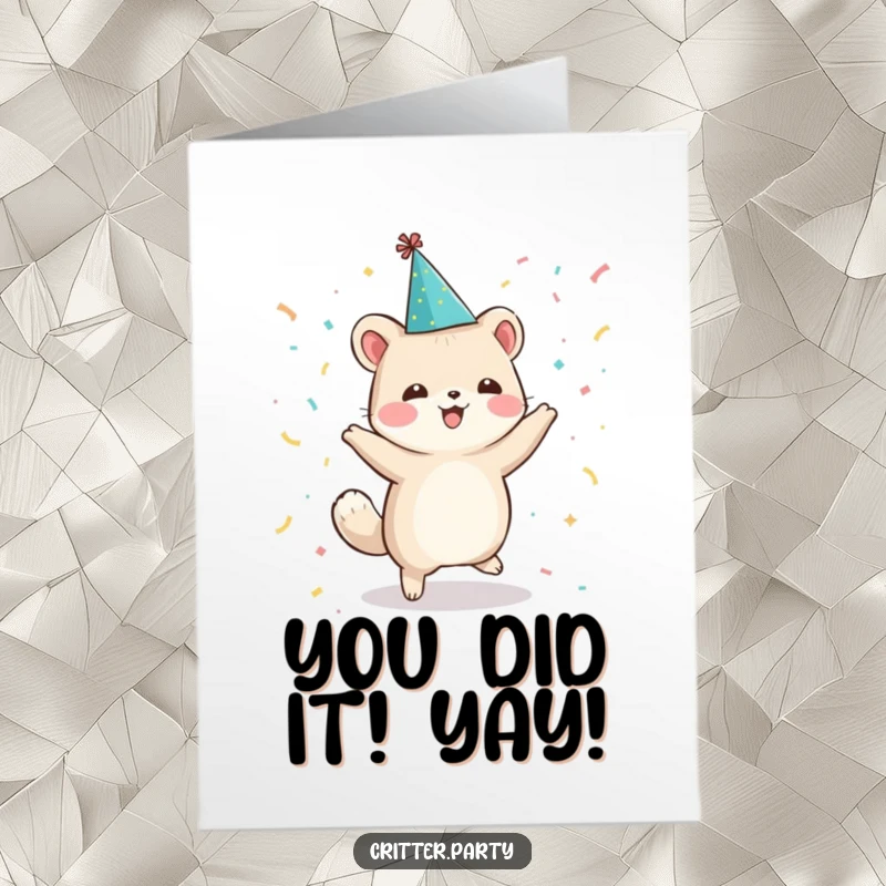 Funny Free Printable Congratulations Card: A joyful animal in a party hat dances with confetti, celebrating success.