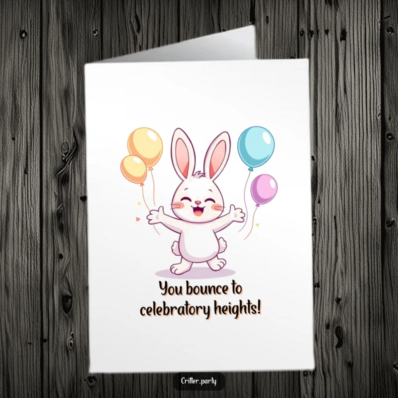 Funny Free Printable Congratulations Card: A cute bunny dancing with flailing arms and balloons, a hilarious downloadable celebration.