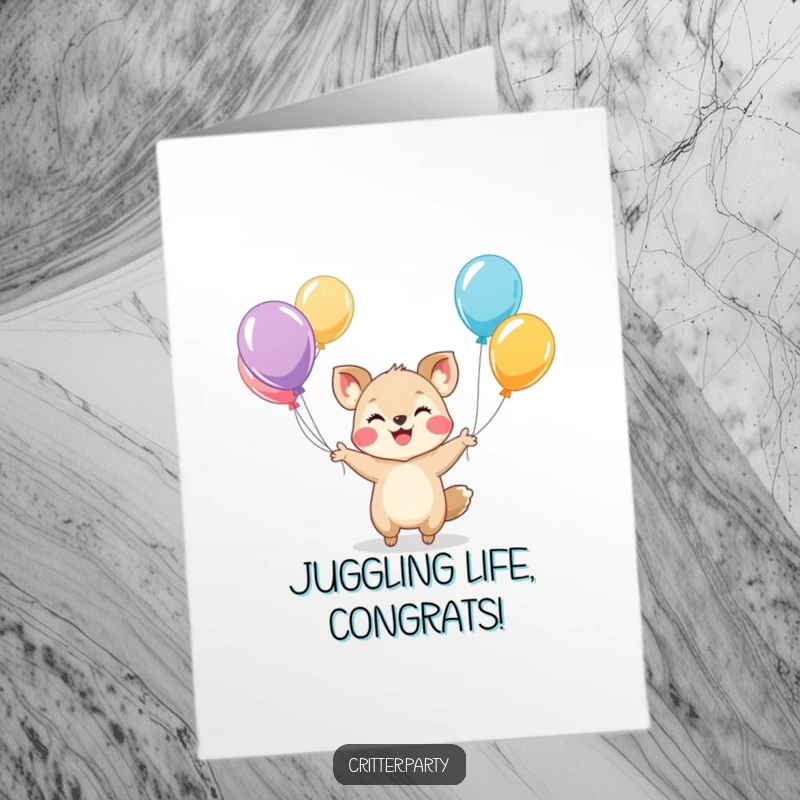 Funny Free Printable Congratulations Card: A smiling animal juggles bright balloons, symbolizing celebration and success.