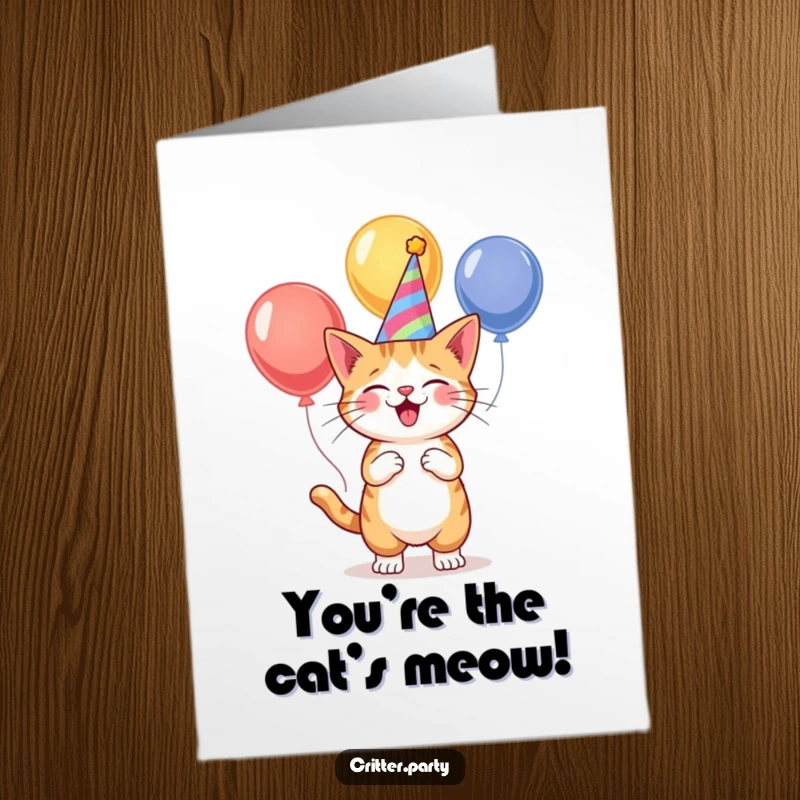 Funny free printable congratulations card of a cat in a party hat, impressively juggling balloons, perfect for celebrating achievements with humor.