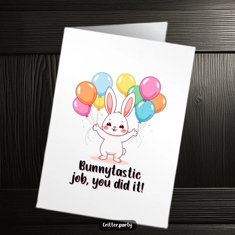 Funny Free Printable Congratulations Card: A cute kawaii bunny expertly juggles a floating bouquet of bright, festive balloons at a celebratory event.