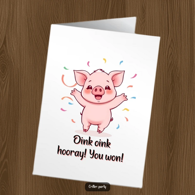 Funny Free Printable Congratulations Card: Excited Kawaii piglet twirling with streamers, great for a downloadable gift.