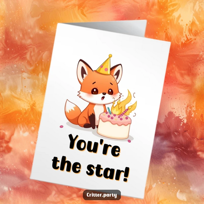 Funny Free Printable Congratulations Card: A red fox cub wearing a tiny crown looks shocked by a cake erupting with frosting.