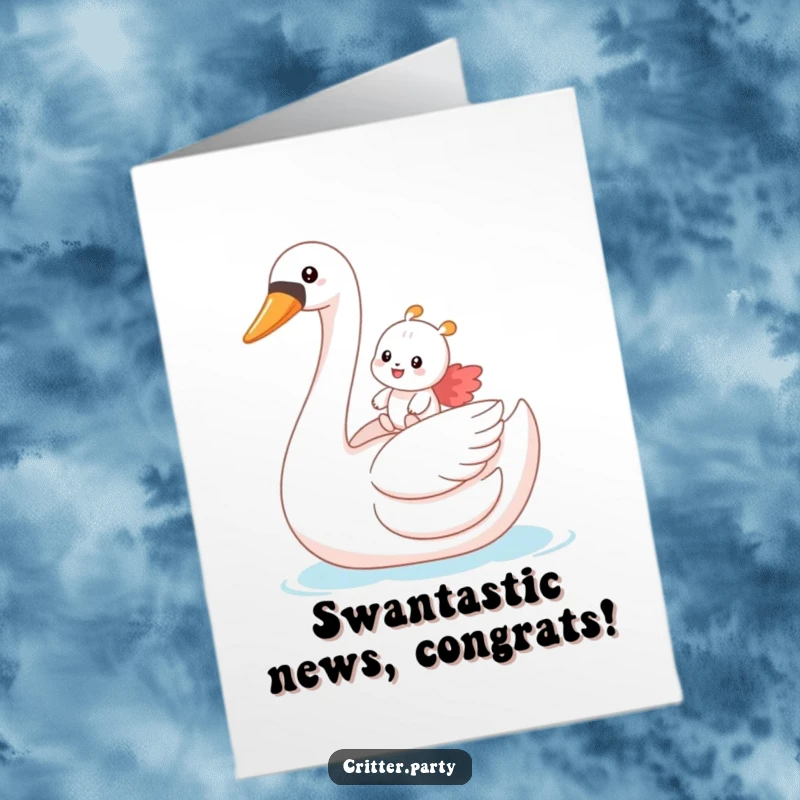 Funny Free Printable Congratulations Card: A critter joyfully rides an inflatable swan, celebrating a major success.