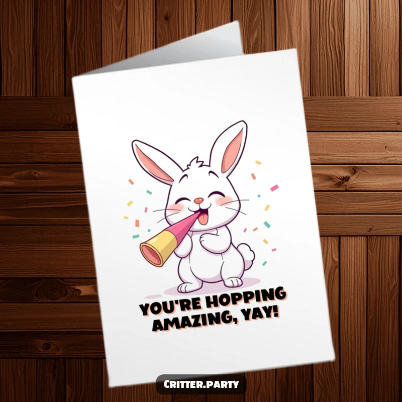 Funny free printable congratulations card showing a delighted bunny blowing a party horn with confetti flying, celebrating a major achievement.