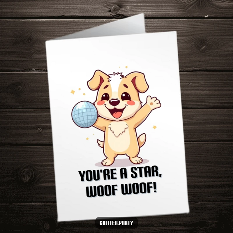 Funny free printable congratulations card showing a happy dog dancing joyfully with a glittering disco ball, celebrating a win.