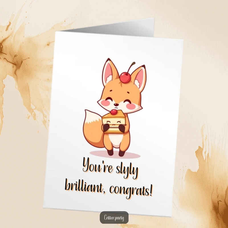 Funny free printable congratulations card showing a playful fox happily holding a slice of cake topped with a cherry, celebrating success.