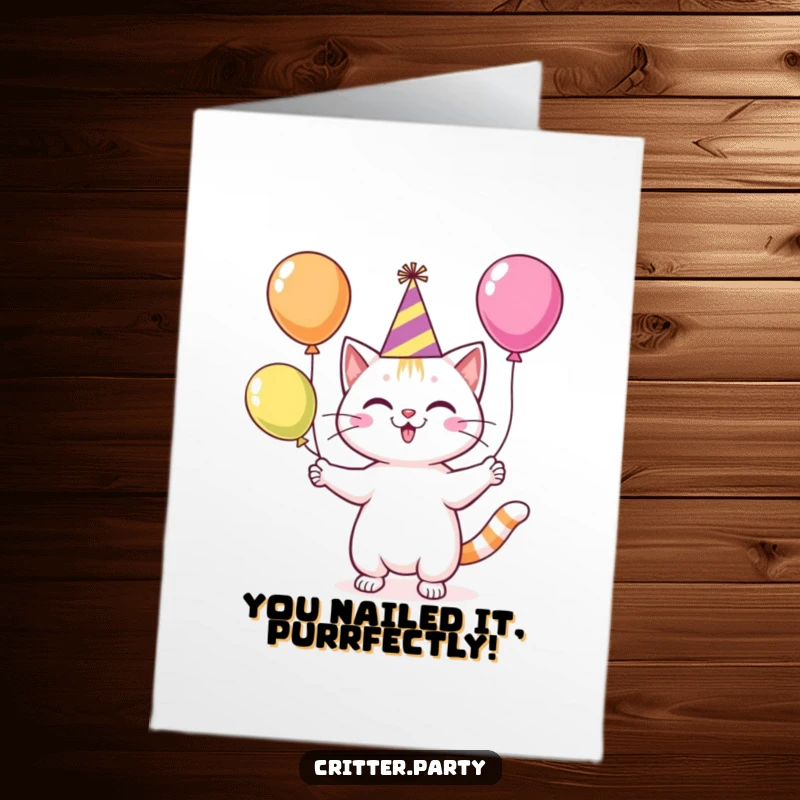 Funny free printable congratulations card showing a happy cat wearing a party hat and juggling bright balloons with excitement.