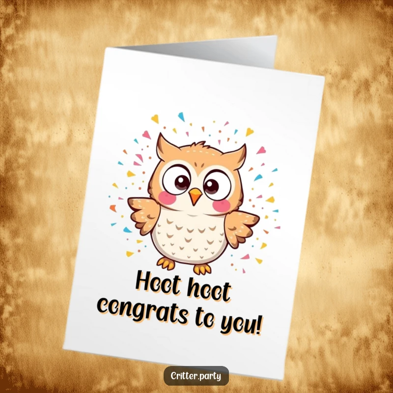 Funny Free Printable Congratulations Card: Kawaii owl startled by a large confetti burst, celebrating success hilariously.
