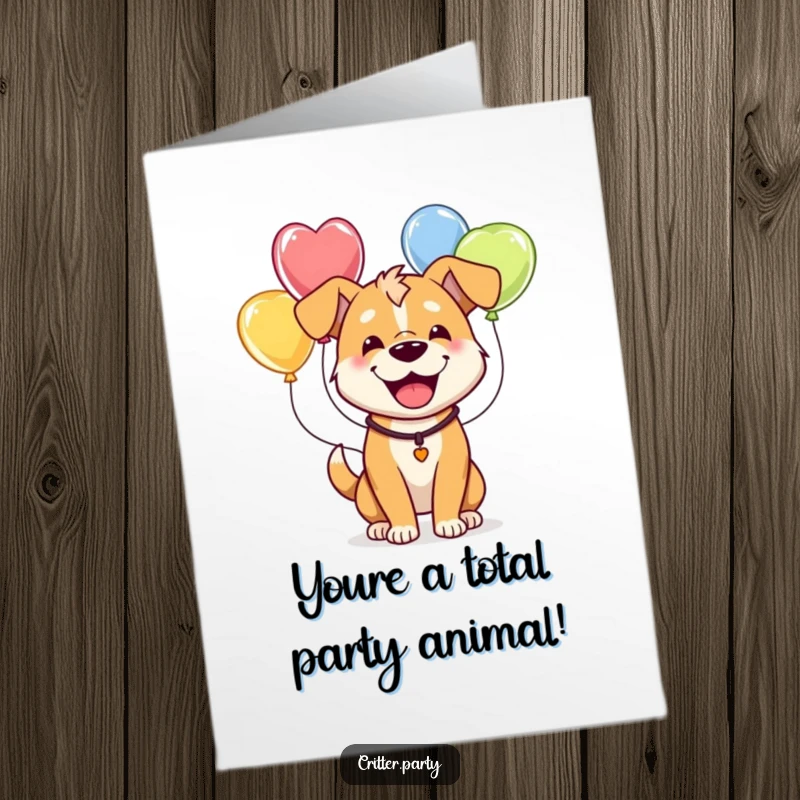 Funny free printable congratulations card showing a happy dog adorably entangled in a string of colorful balloons.